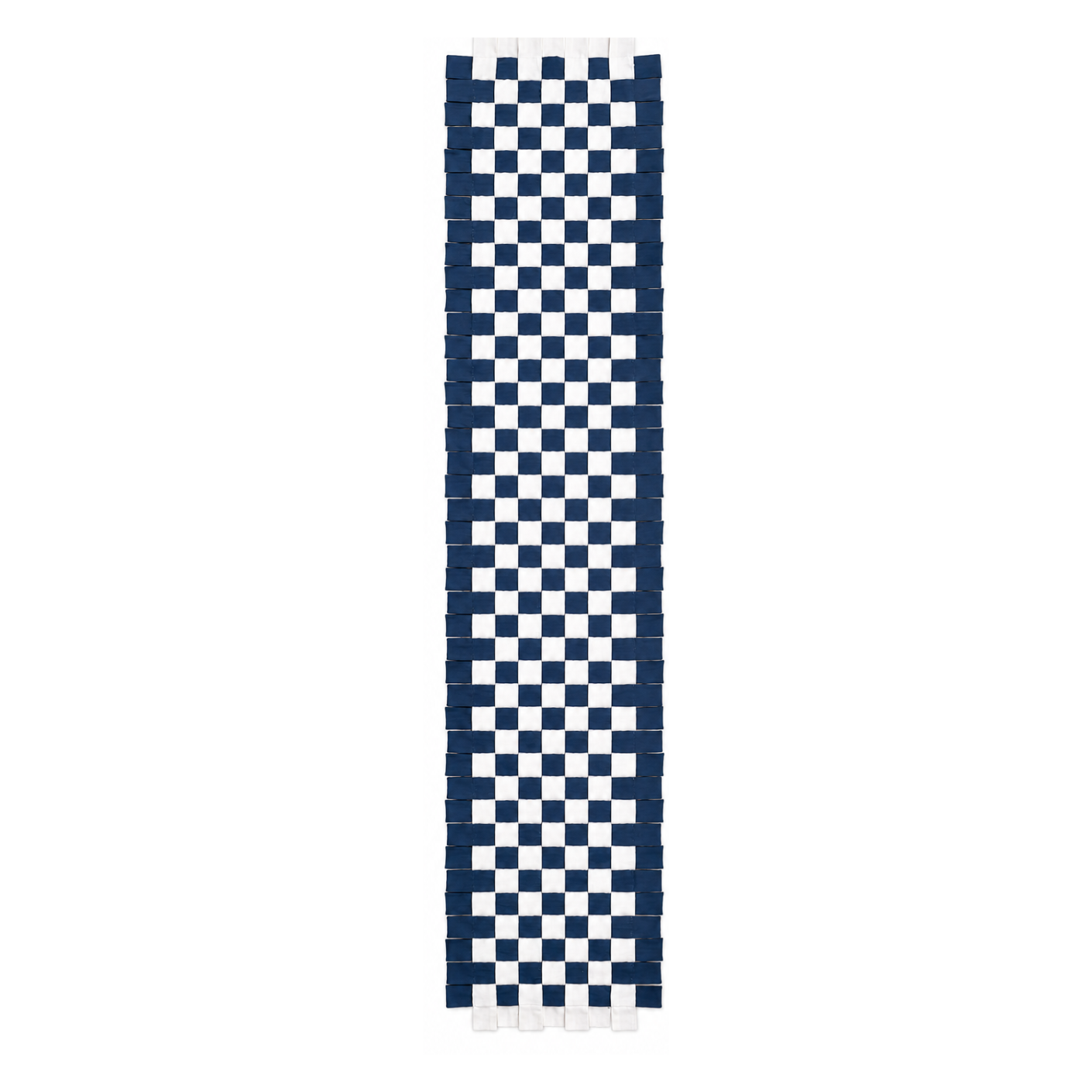 A long, narrow woven textile with a navy blue and white checkerboard pattern, shown vertically on a plain white background.