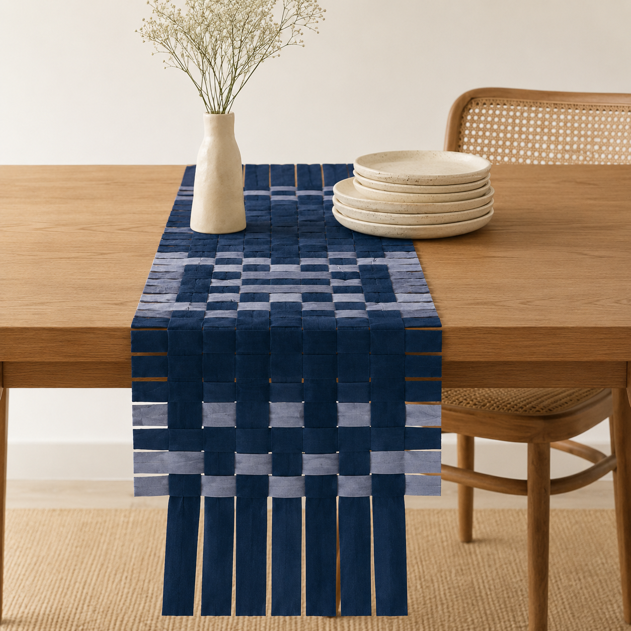 A navy blue woven table runner with a fringe hem is styled on a wooden dining table. The runner features a geometric basketweave pattern in shades of navy, medium blue, and light blue.