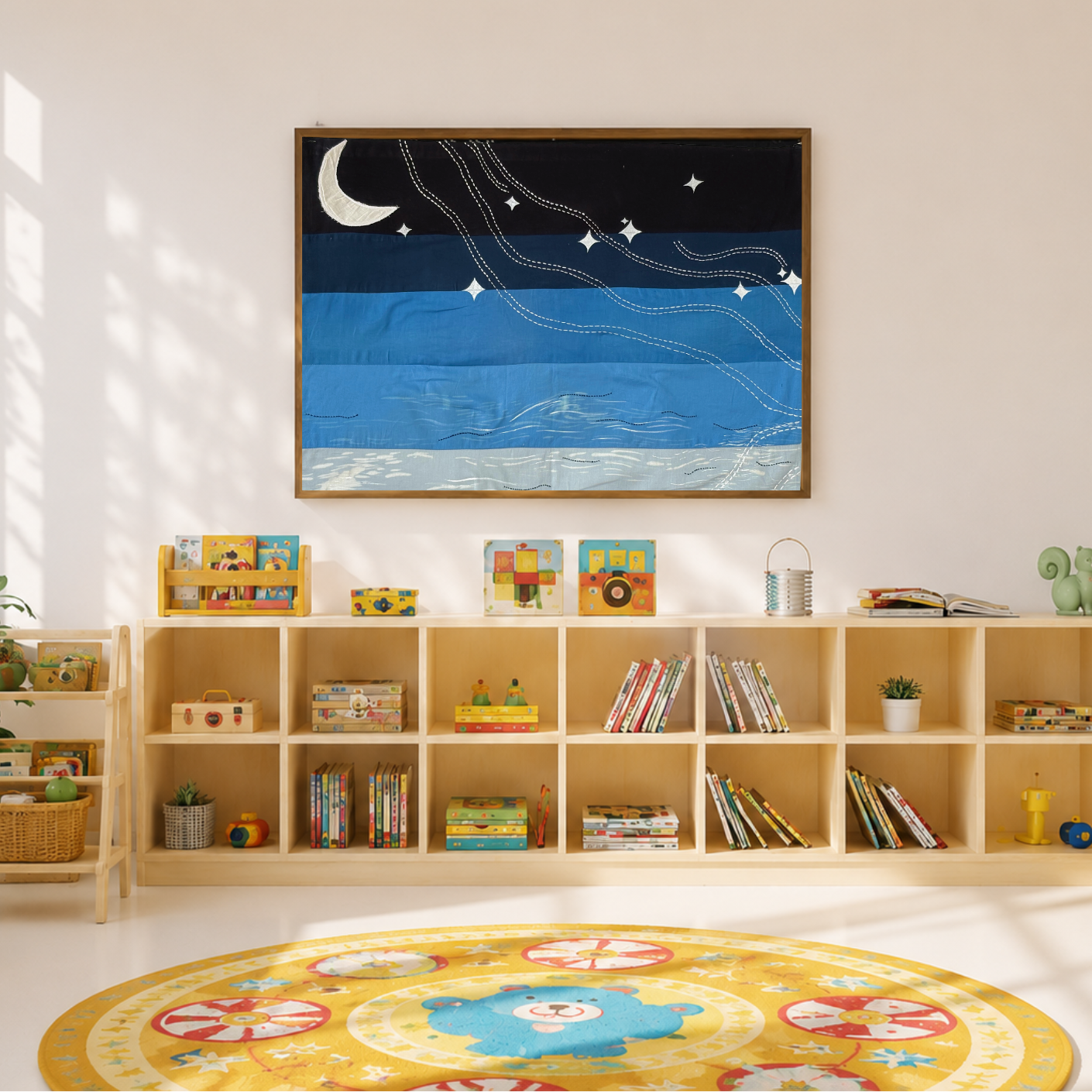 Children's room with bookshelves, toys, and a calm night sky wall hanging