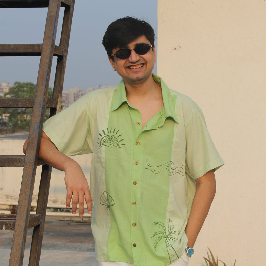 Beach wear causual fit pure cotton men's shirt with hand painted details