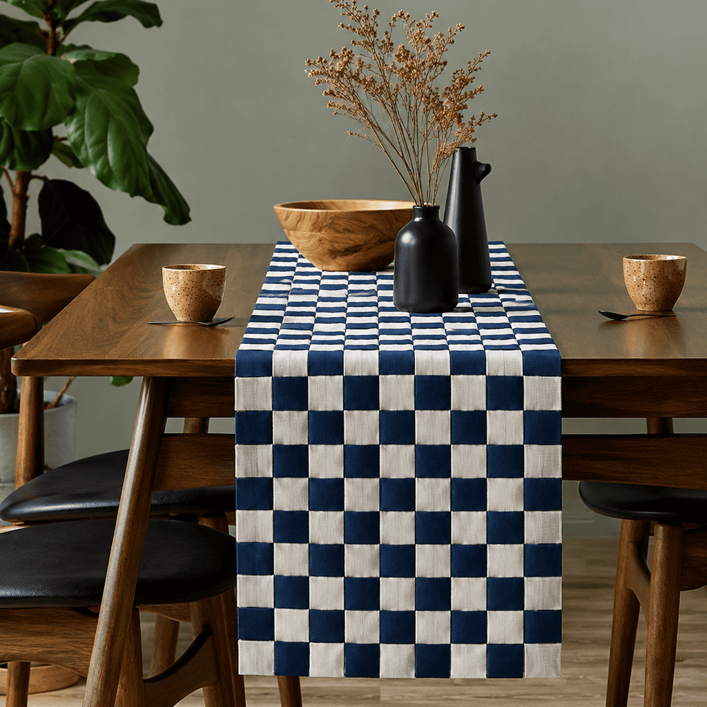 A navy blue and white checkered table runner draped over a wooden dining table, styled with a wooden bowl, dried flowers in black vases, and small wooden cups, set against a muted green wall.