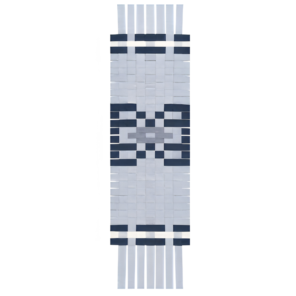 A long, narrow woven textile with a geometric pattern, featuring alternating light gray and dark navy blue woven strips, shown flat against a white background.