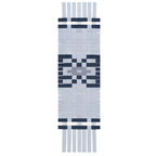 A long, narrow woven textile with a geometric pattern, featuring alternating light gray and dark navy blue woven strips, shown flat against a white background.