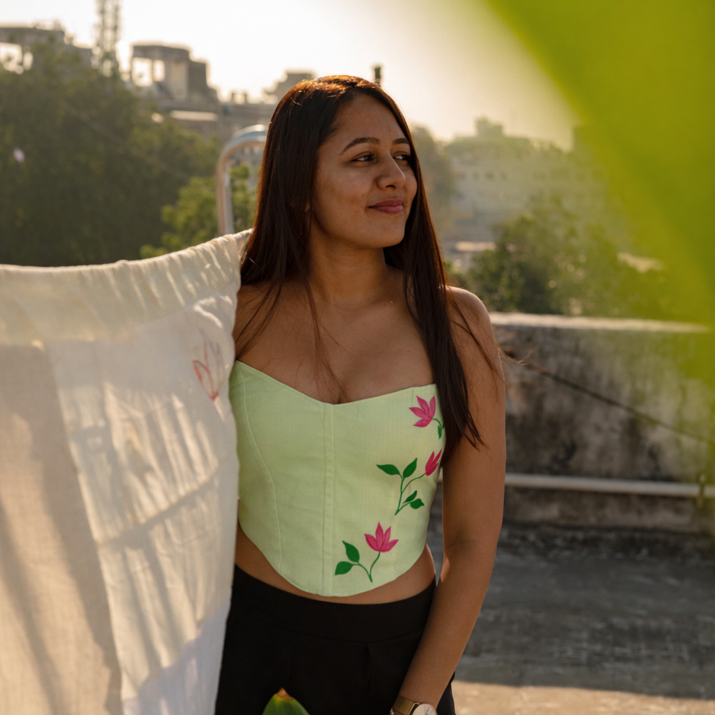 Woman wearing a light green top with floral embroidery on a rooftop with greenery in the background