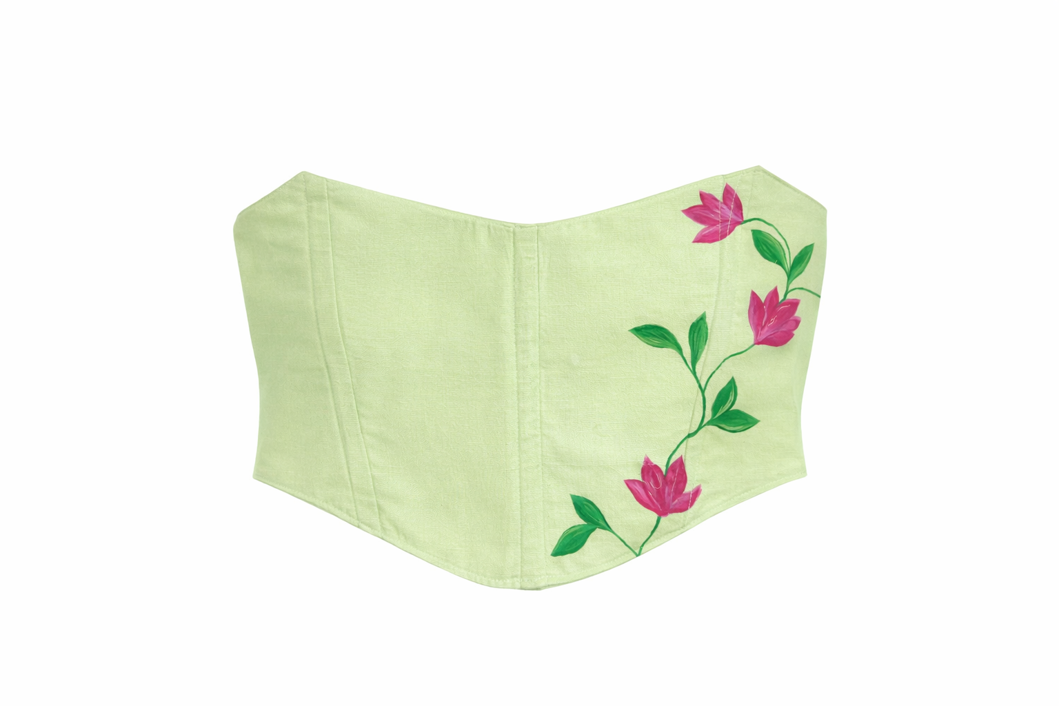 Light green top with floral hand painted details on a white background