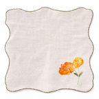 Cotton cloth napkins with colorful floral motifs and scalloped edges, reusable dinner napkins designed for elegant dining table settings.