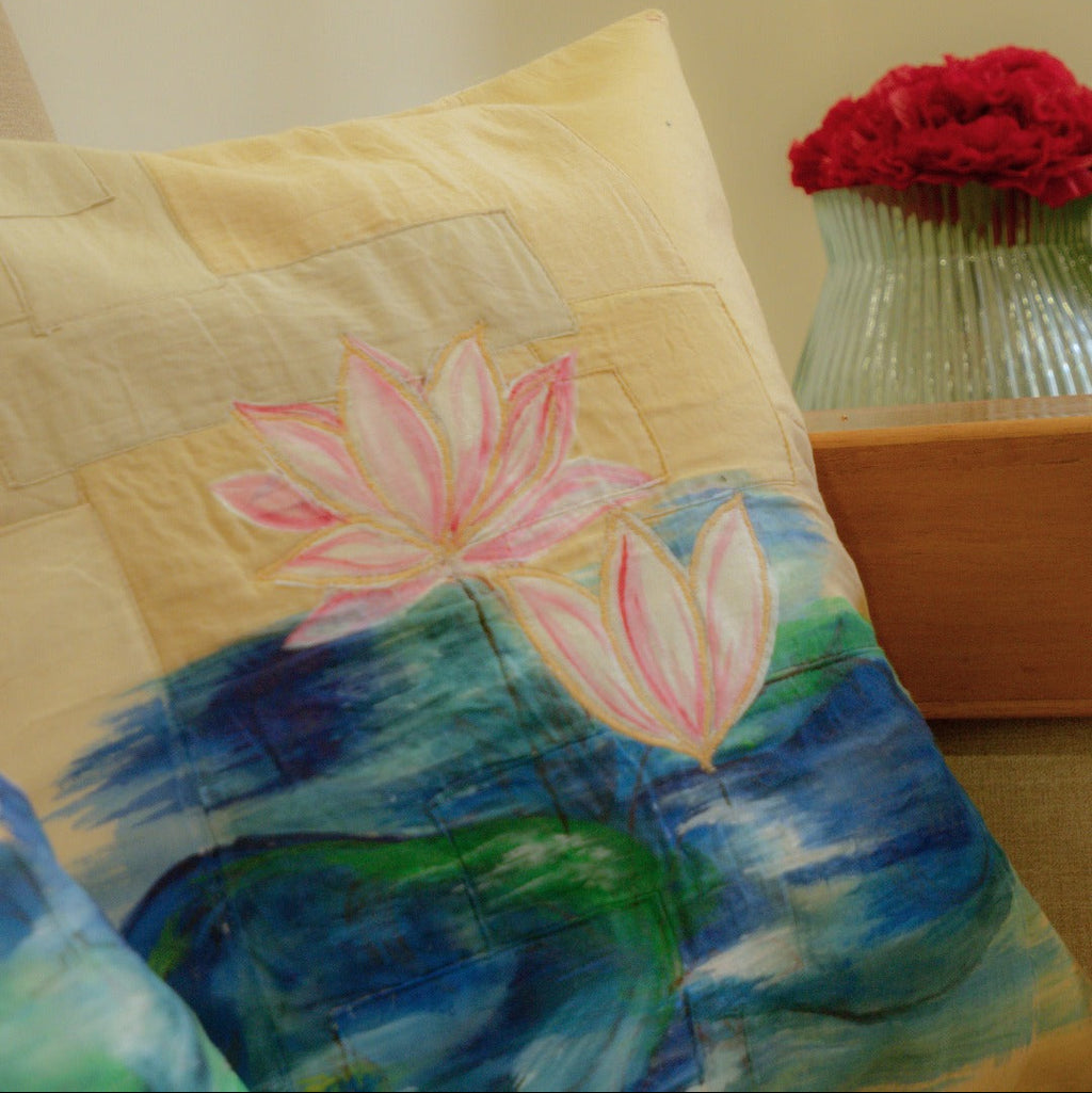 Hand painted cotton cushion cover featuring lotus inspired artwork, decorative throw pillow cover for sofa and living room decor.