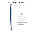 Package contents graphic showing a dark blue phone lanyard with a silver clasp and a white blank ID link card with a metal ring, under the heading 'PACKAGE CONTENTS'.