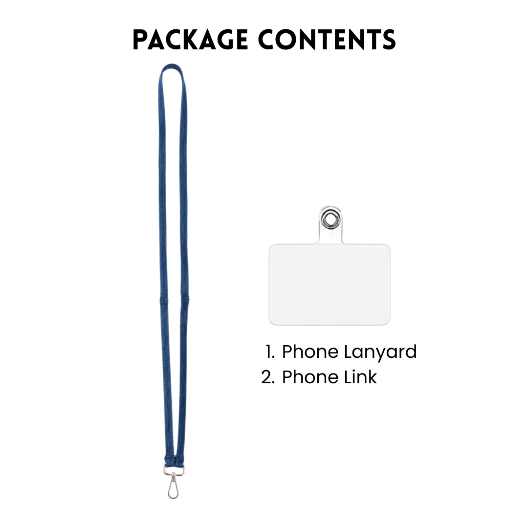 Package contents graphic showing a dark blue phone lanyard with a silver clasp and a white blank ID link card with a metal ring, under the heading 'PACKAGE CONTENTS'.