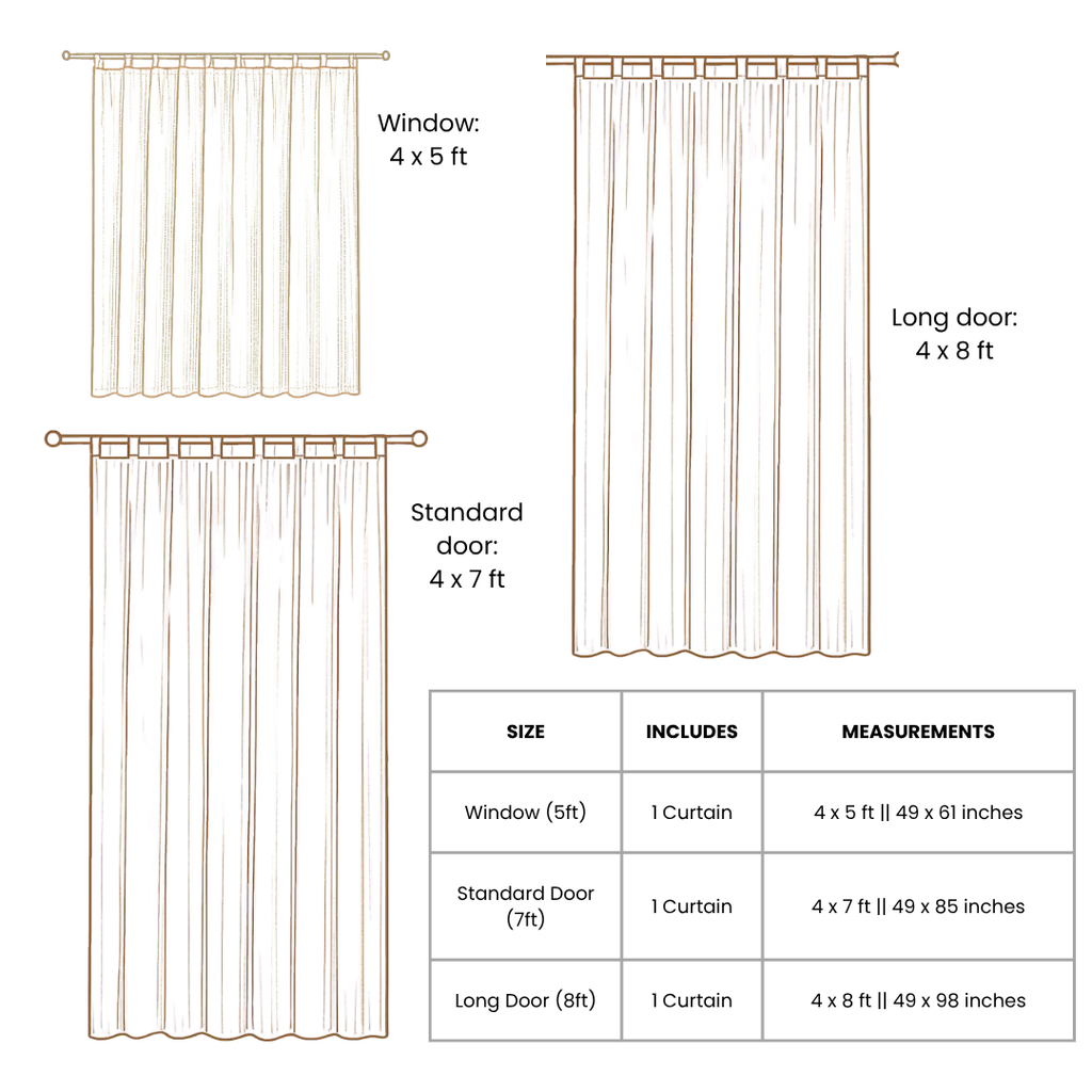 Curtain measurements chart for window, standard door, and long door.