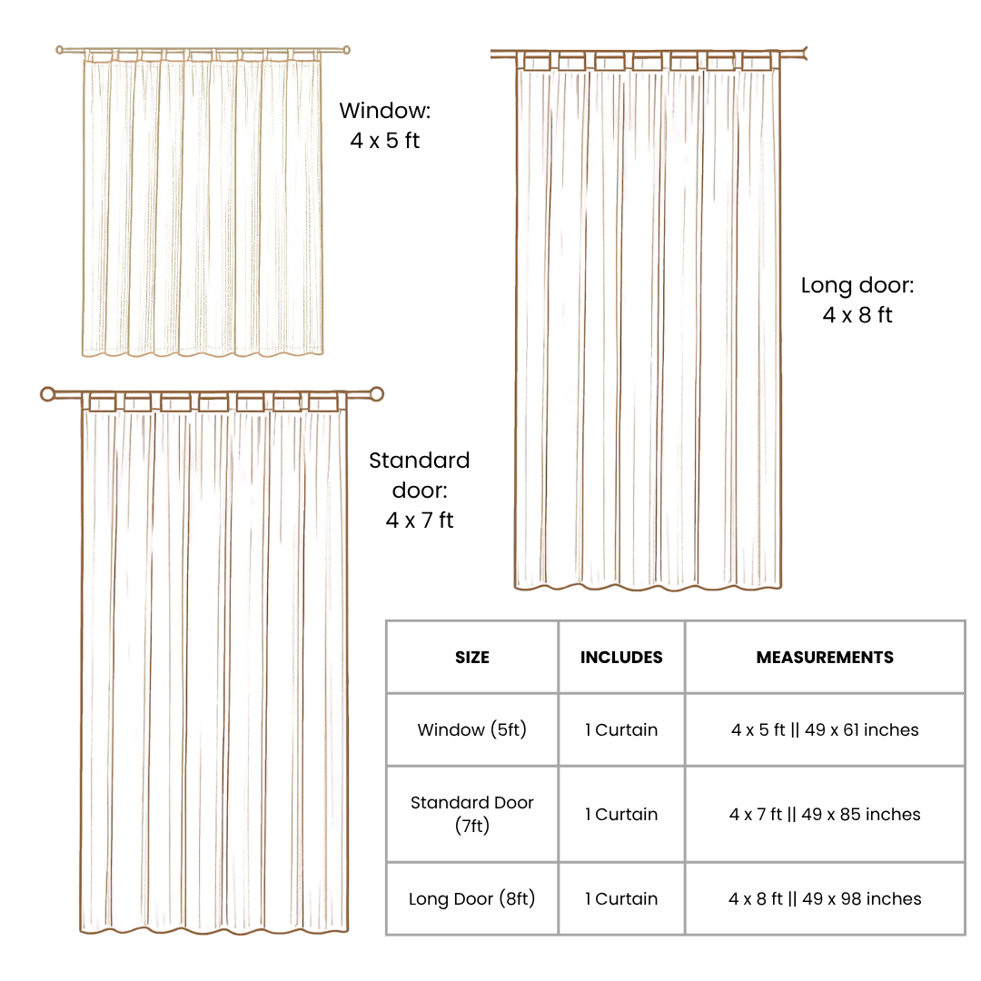Curtain measurements chart for window, standard door, and long door.