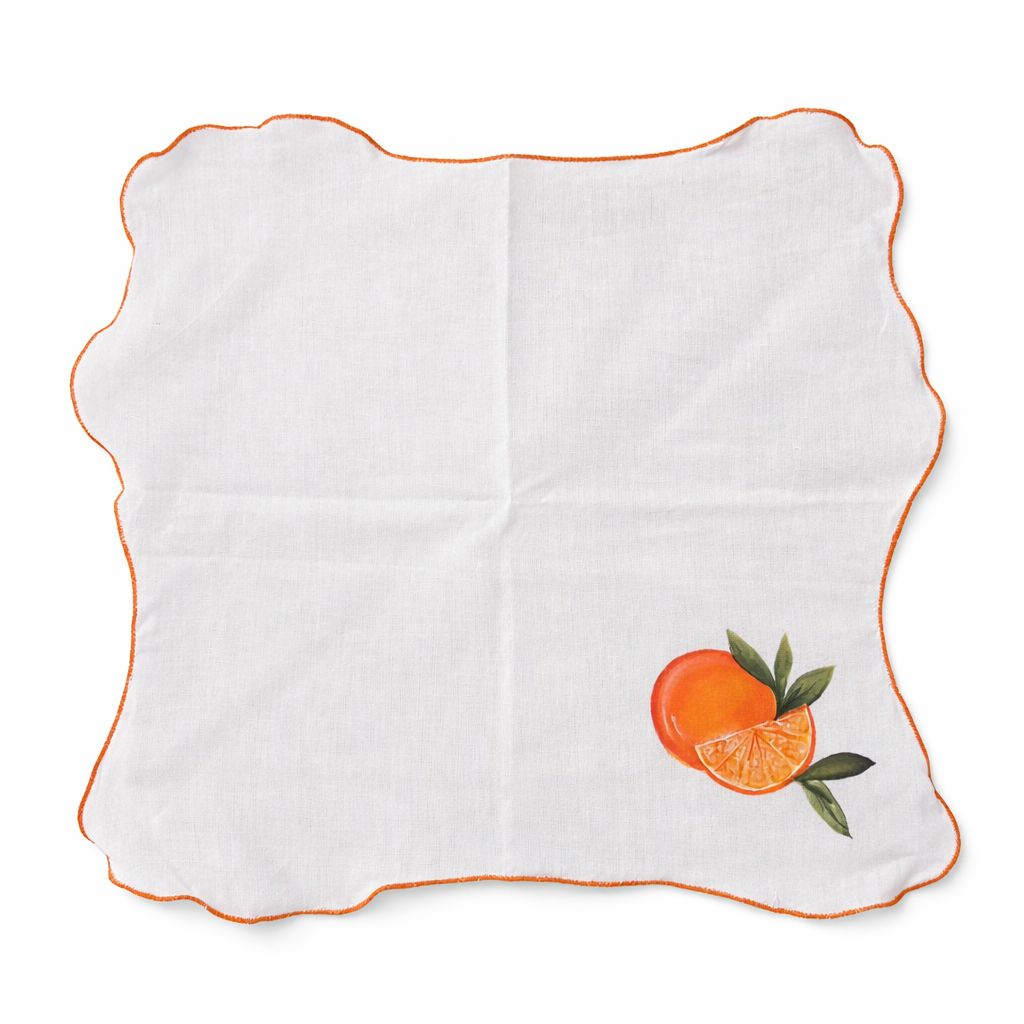 Custom cotton cloth napkins with fruit themed illustrations and scalloped edges, reusable table napkins for dining tables, brunch parties and special table styling.