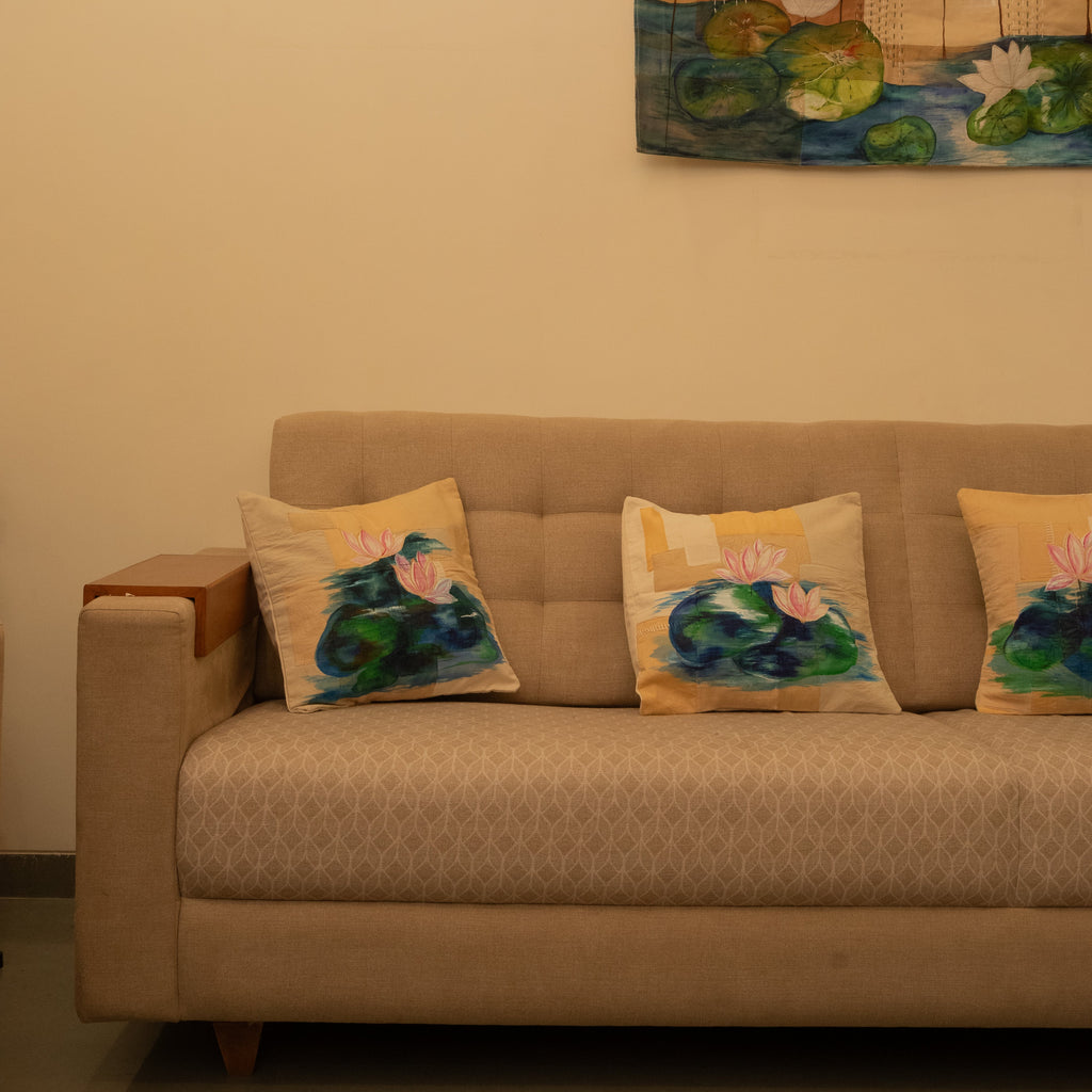 Handmade cotton cushion cover with hand painted lotus artwork, decorative throw pillow cover for sofa and living room styling.