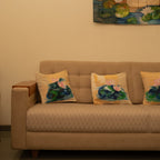 Handmade cotton cushion cover with hand painted lotus artwork, decorative throw pillow cover for sofa and living room styling.