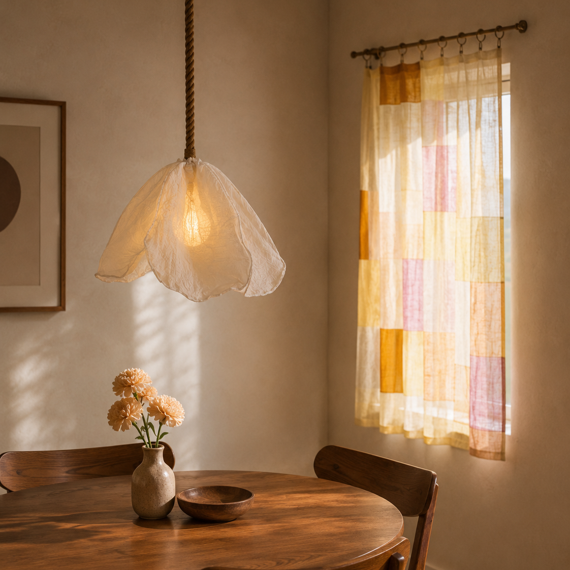 A warm, rustic dining room corner featuring a glowing mushroom-shaped pendant light, a round wooden table with chairs, and a window dressed in sheer patchwork curtains.