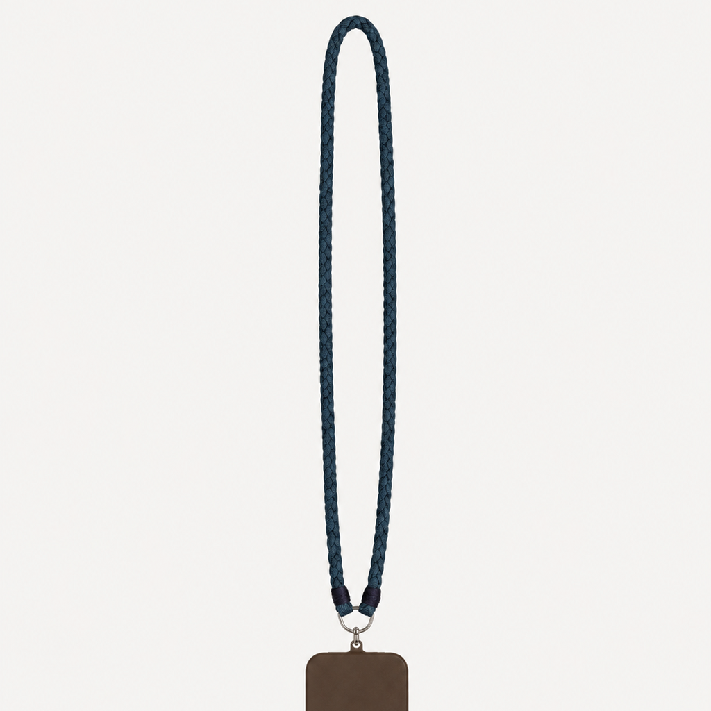 A dark brown leather phone case with a matching dark blue denim braided lanyard strap, shown against a light gray background.