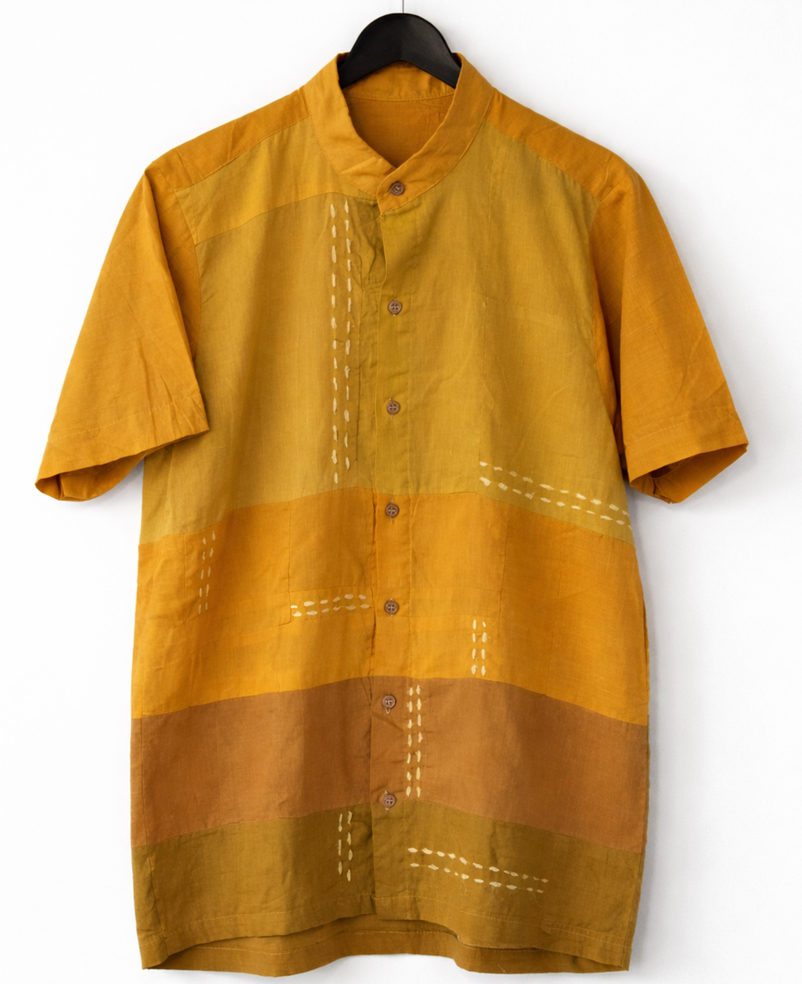 Short sleeve mustard cotton patchwork shirt for men