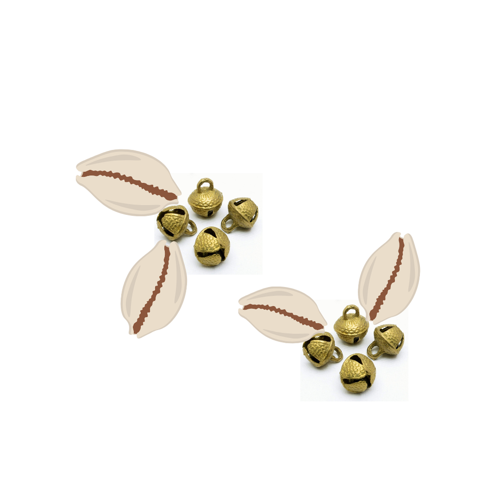 Pair of embelishments with cowrie shells and gold bell charms on a white background
