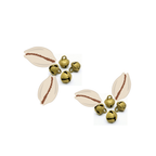 Pair of embelishments with cowrie shells and gold bell charms on a white background