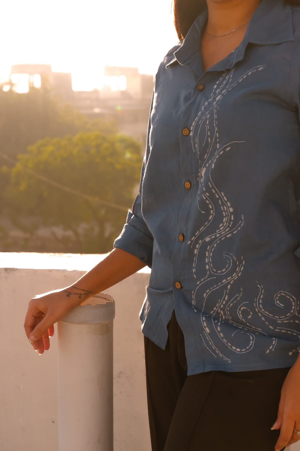 Blue pure cotton shirt with hand painted details for women