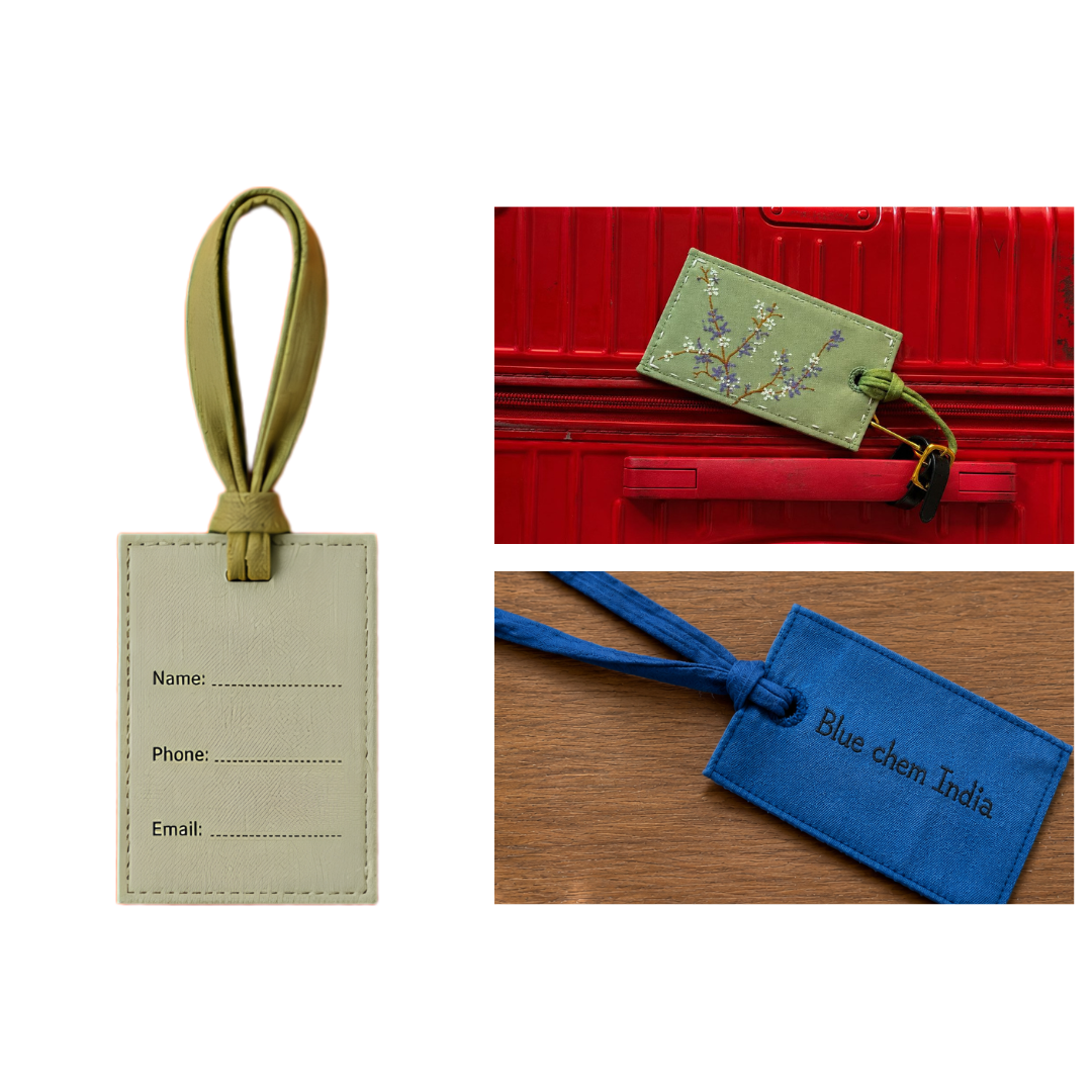 A collage showing three luggage tags: a plain light beige tag with printed name fields on the left, and two inset photos on the right showing a green embroidered tag on a red suitcase and a blue tag with 'Blue chem India' text on a wooden surface.