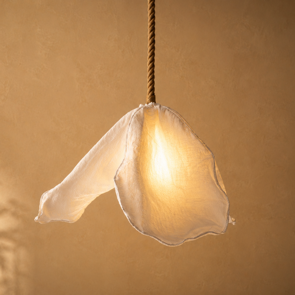 A hanging pendant light with a translucent white fabric flower-shaped shade glowing warm yellow, suspended by a twisted brown cord against a warm beige wall.