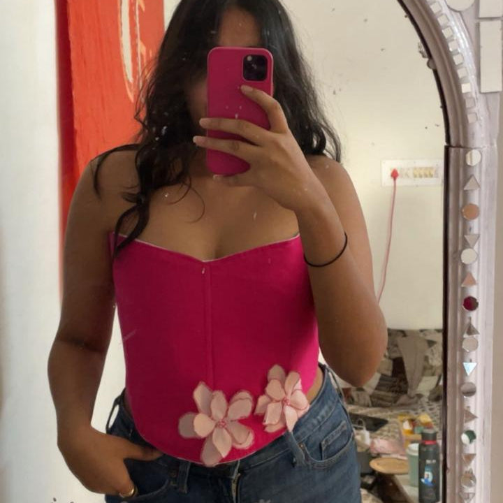 Pink corset top with floral applique detail, strapless summer corset top perfect for vacation outfits and casual events.