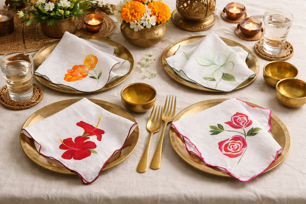Reusable cotton dinner napkins with botanical floral illustrations and stitched scalloped borders, decorative napkins for dining table and home entertaining.