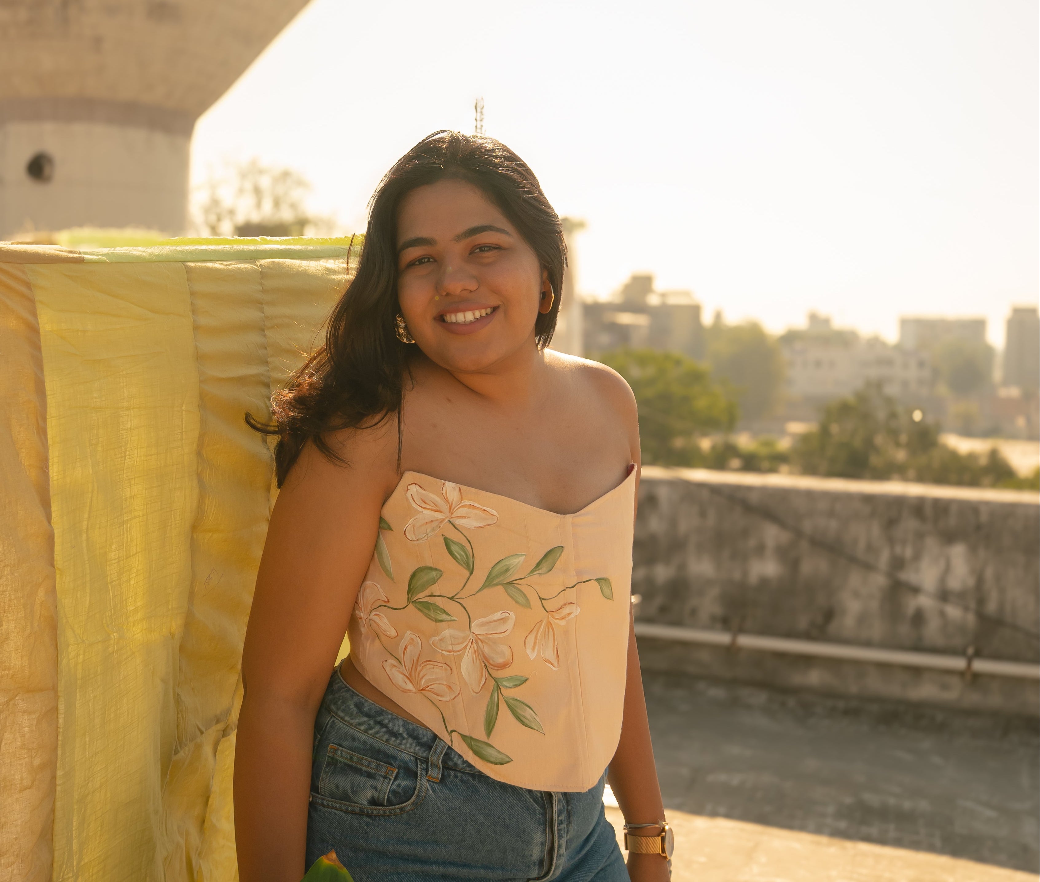 Peach corset top with floral Hand painted details and strapless neckline, inclusive corset blouse suitable for regular and plus size styling.