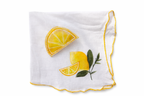 White handkerchief with hand painted yellow lemon slices and green leaves on a white background