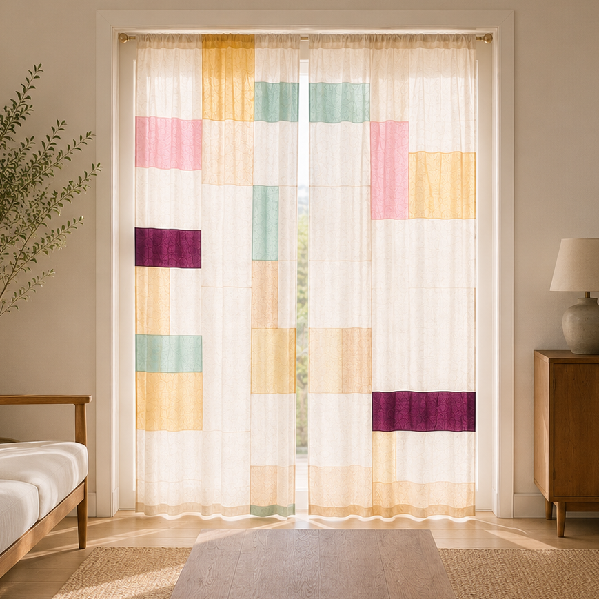 Living room with a white sofa, wooden coffee table, and colorful geometric-patterned curtains.