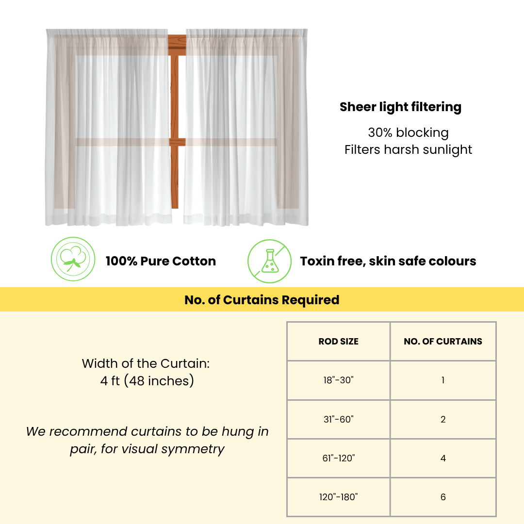 Sheer light filtering curtains with specifications on a white background