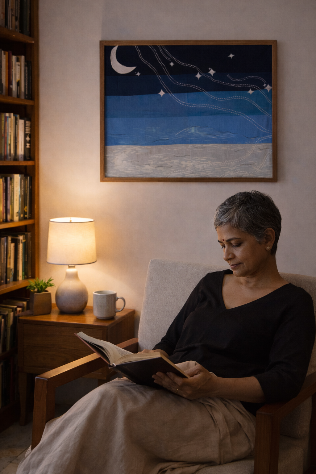 Woman reading a book in a cozy room with a lamp and framed night sk textile artwork on the wall.