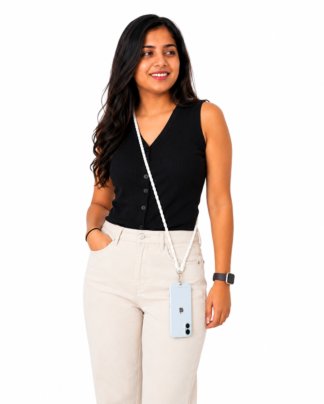 Woman wearing a black sleeveless top and beige pants with a white lanyard around her neck.