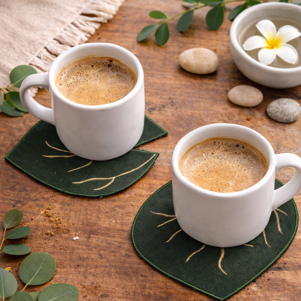 Two white coffee cups on green leaf coasters with a wooden background and decorative elements.