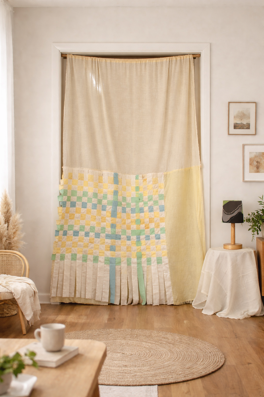 Room with a colorful woven tapestry hanging on a curtain rod, wooden floor, and minimal decor.