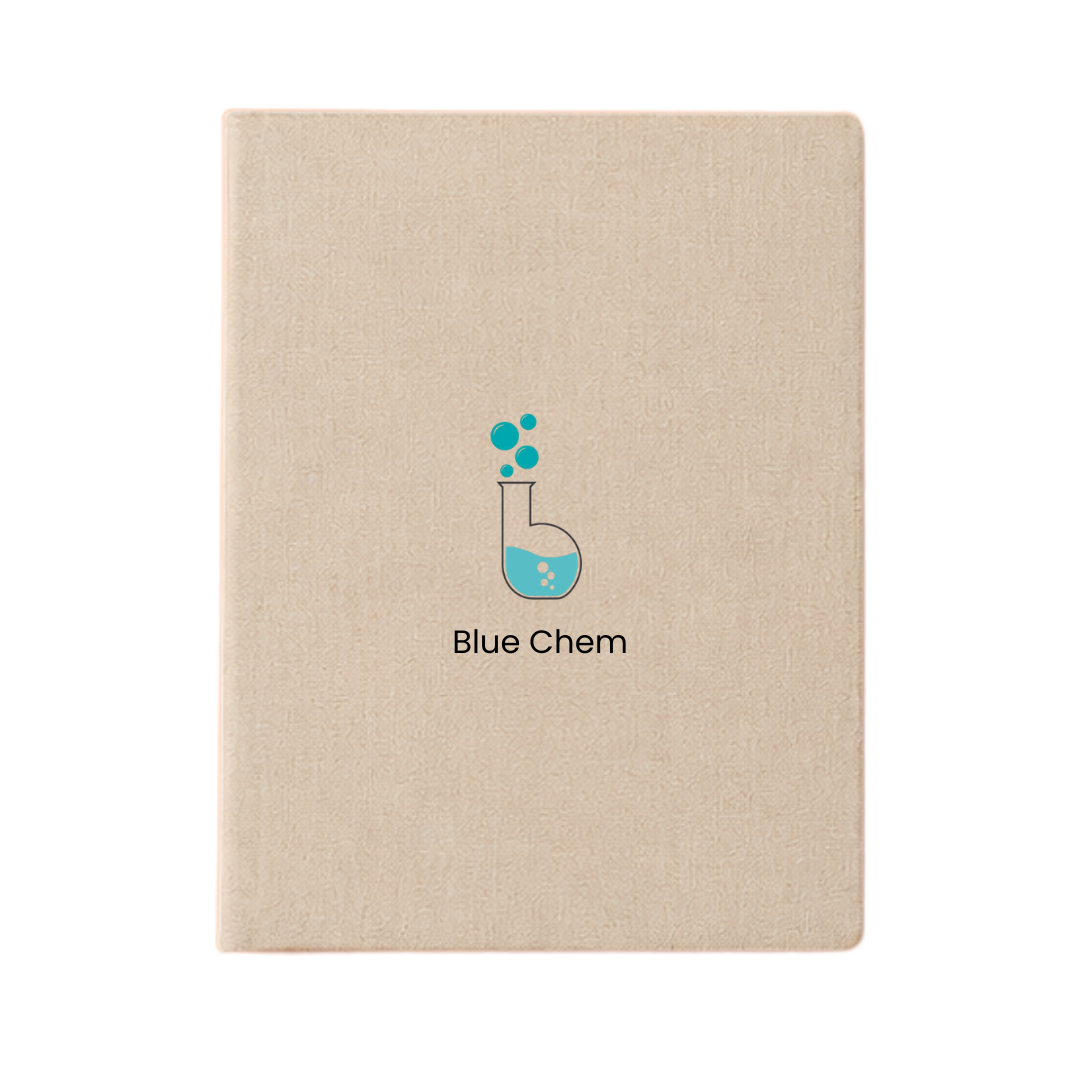 A beige linen-textured notebook with a blue beaker graphic and the text 'Blue Chem' printed on the front, shown against a plain white background.