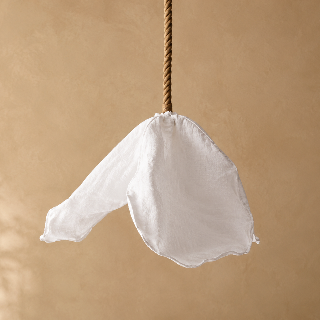 A white fabric flower-shaped pendant light hanging from a twisted brown rope against a warm beige textured background.