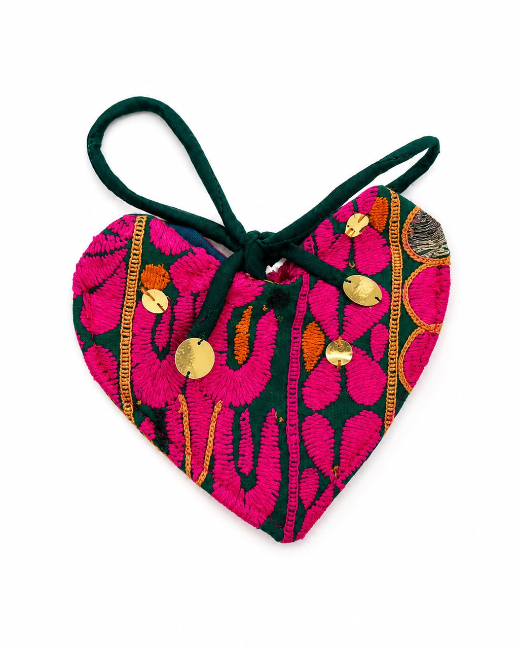 A heart-shaped embroidered pouch with a dark green loop handle, featuring a vibrant pink and green floral pattern with gold-tone metal studs, on a plain white background.