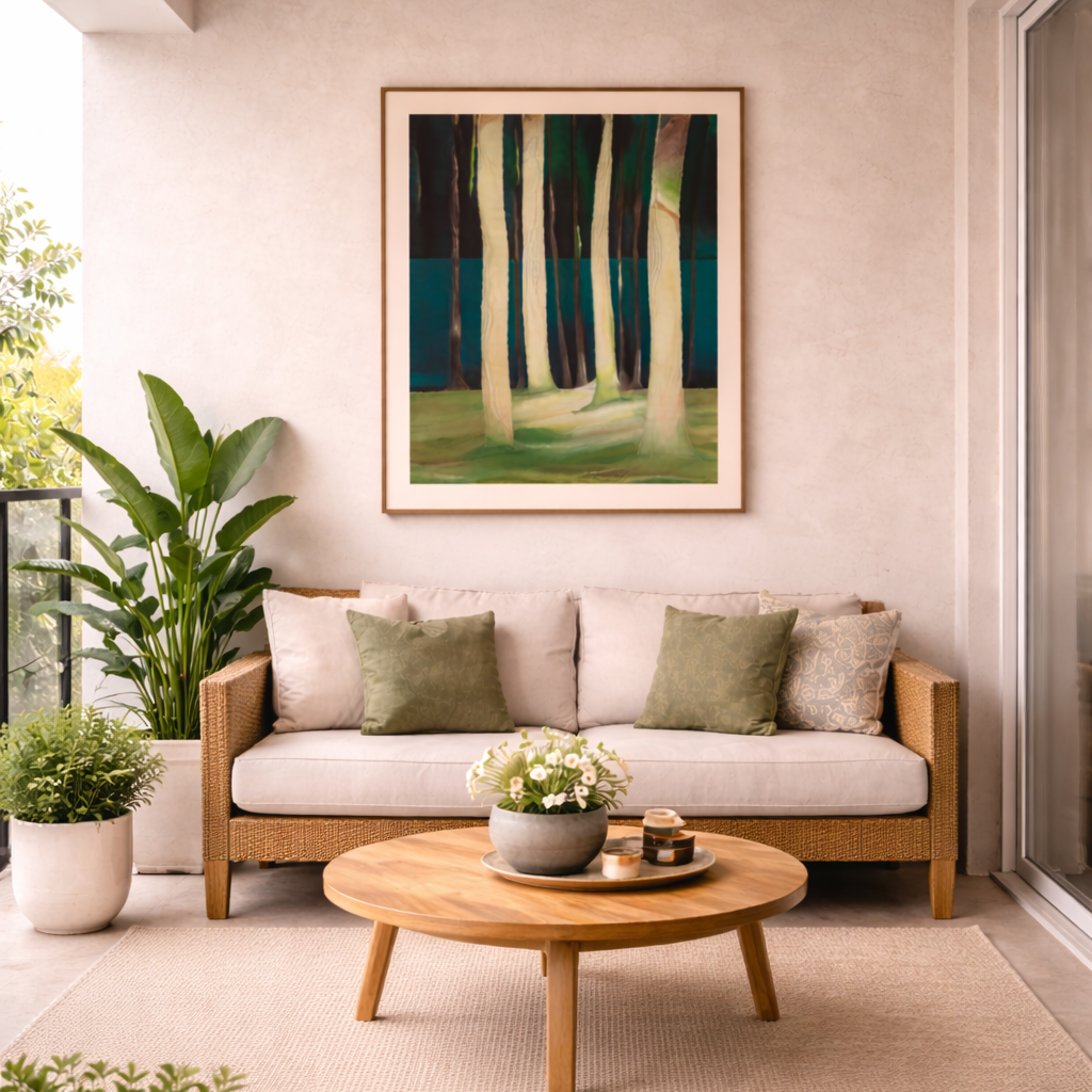 Modern balcony with a wooden sofa, round coffee table, and nig textile wall art with hand painted details