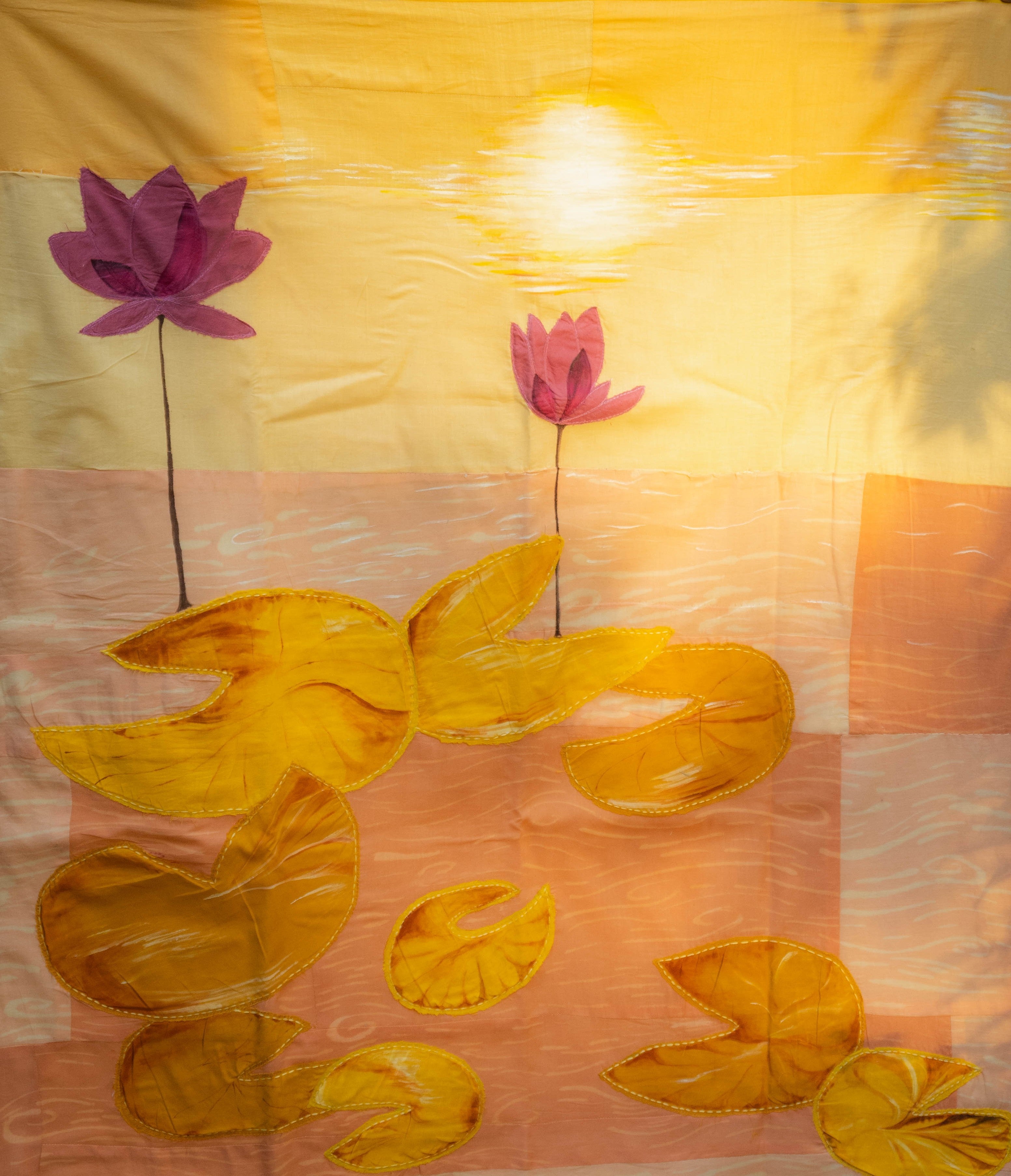Large handcrafted textile wall art with hand painting, applique and kantha stitch, decorative wall art for living room walls and office interiors.