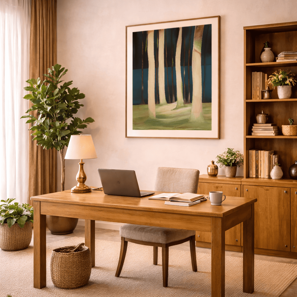 Home office with wooden desk, laptop, and large textile artwork on the wall