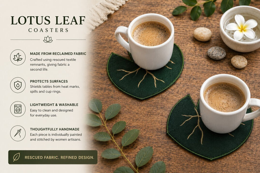 Lotus leaf-shaped fabric coasters displayed on a rustic wooden table with two white mugs of coffee, decorative leaves, stones, and a small bowl of flower. Text on the left describes the coasters' features and materials.