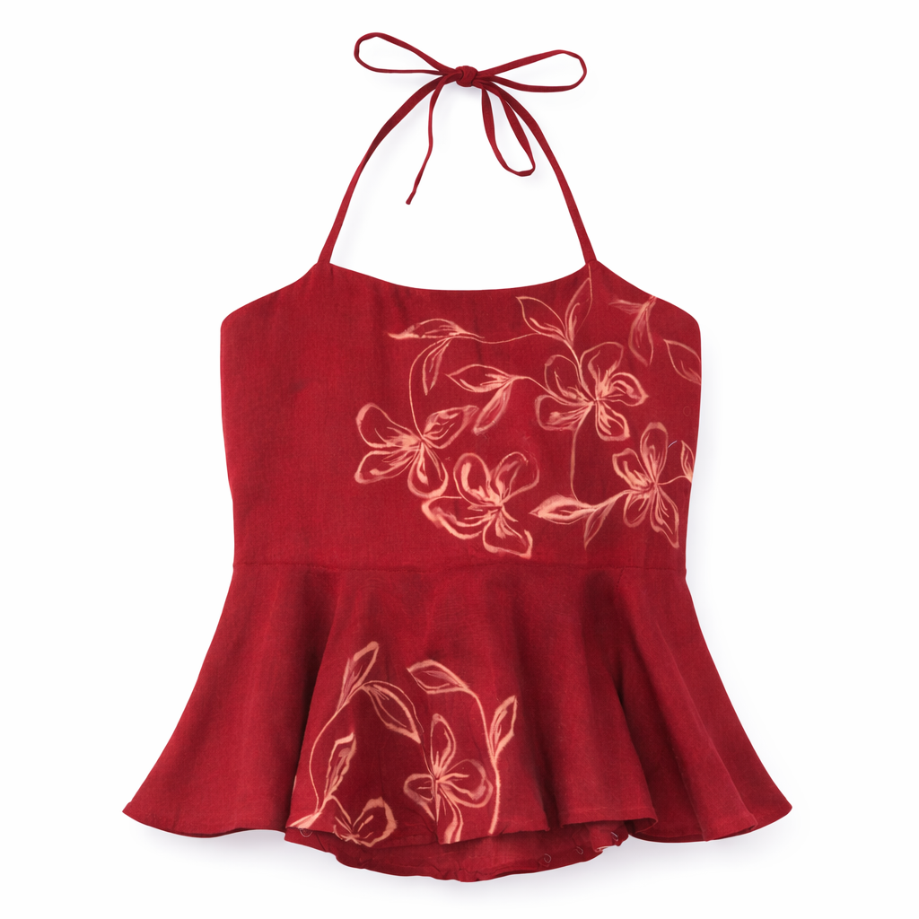 Red halter top with floral embroidery