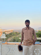 Relaxed fit beige shirt for men with hand painted details for ocassion wear