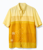 Handmade yellow cotton shirt with embroidered and painted dandelion motif