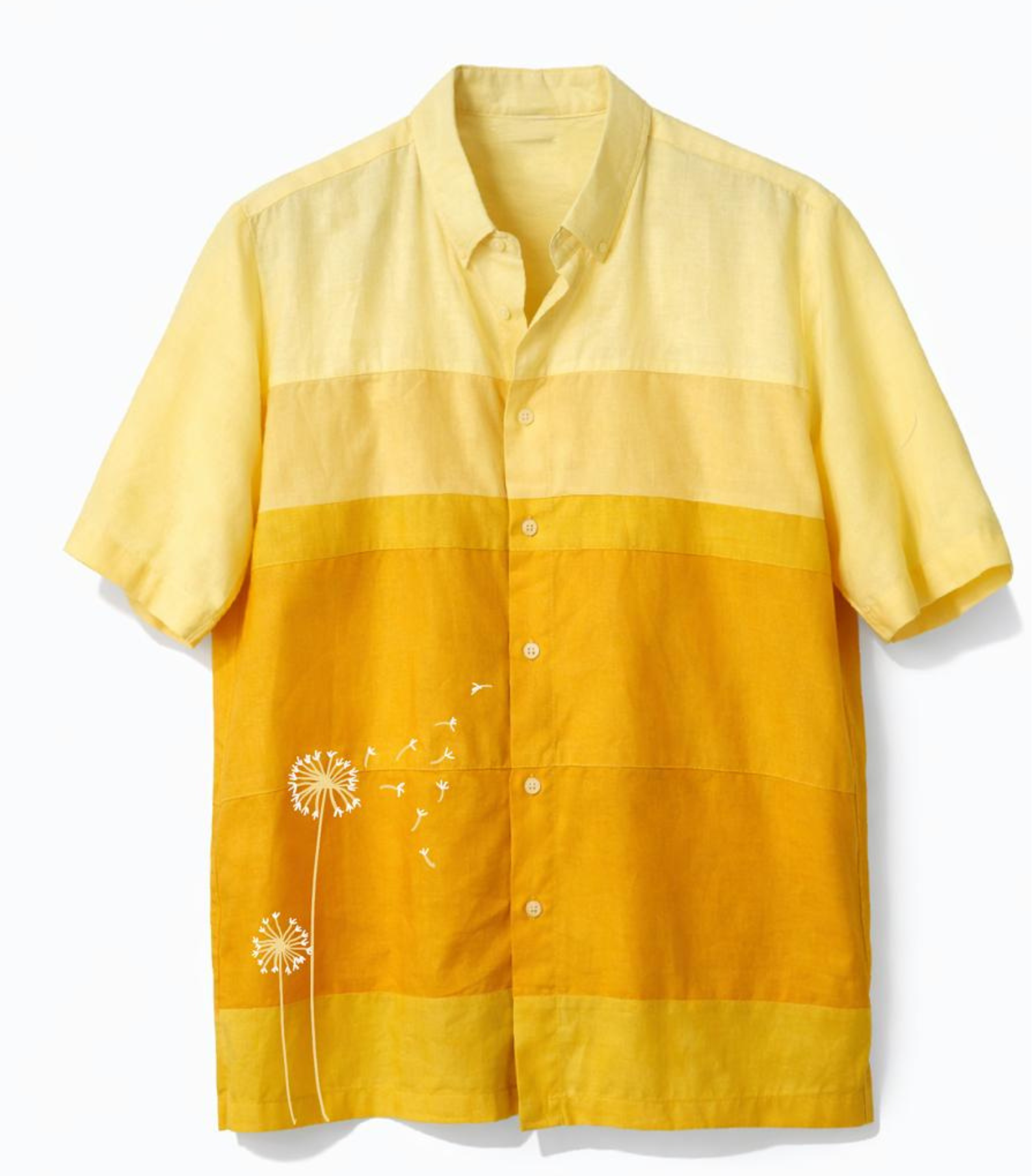 Handmade yellow cotton shirt with embroidered and painted dandelion motif