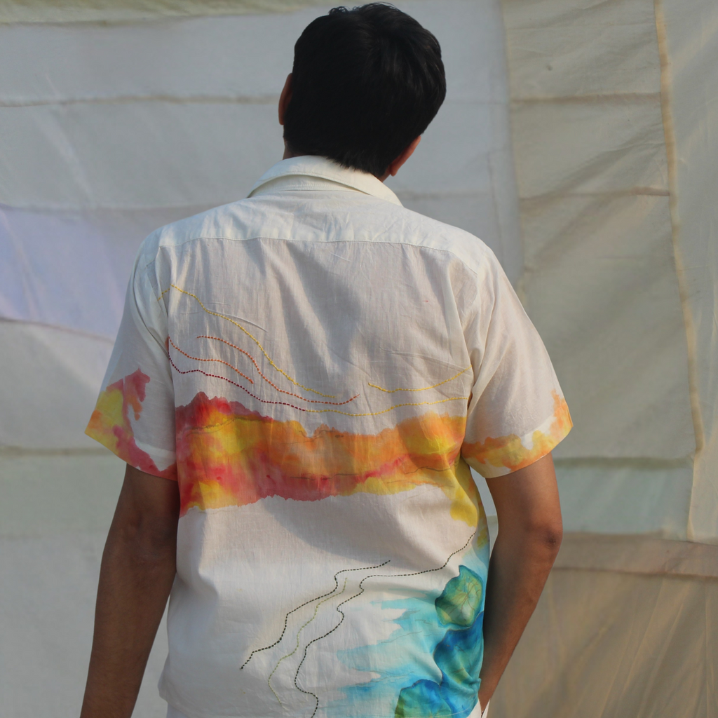 Men’s resort wear summer shirt with colorful hand painted design, breathable lightweight vacation shirt for tropical holidays.