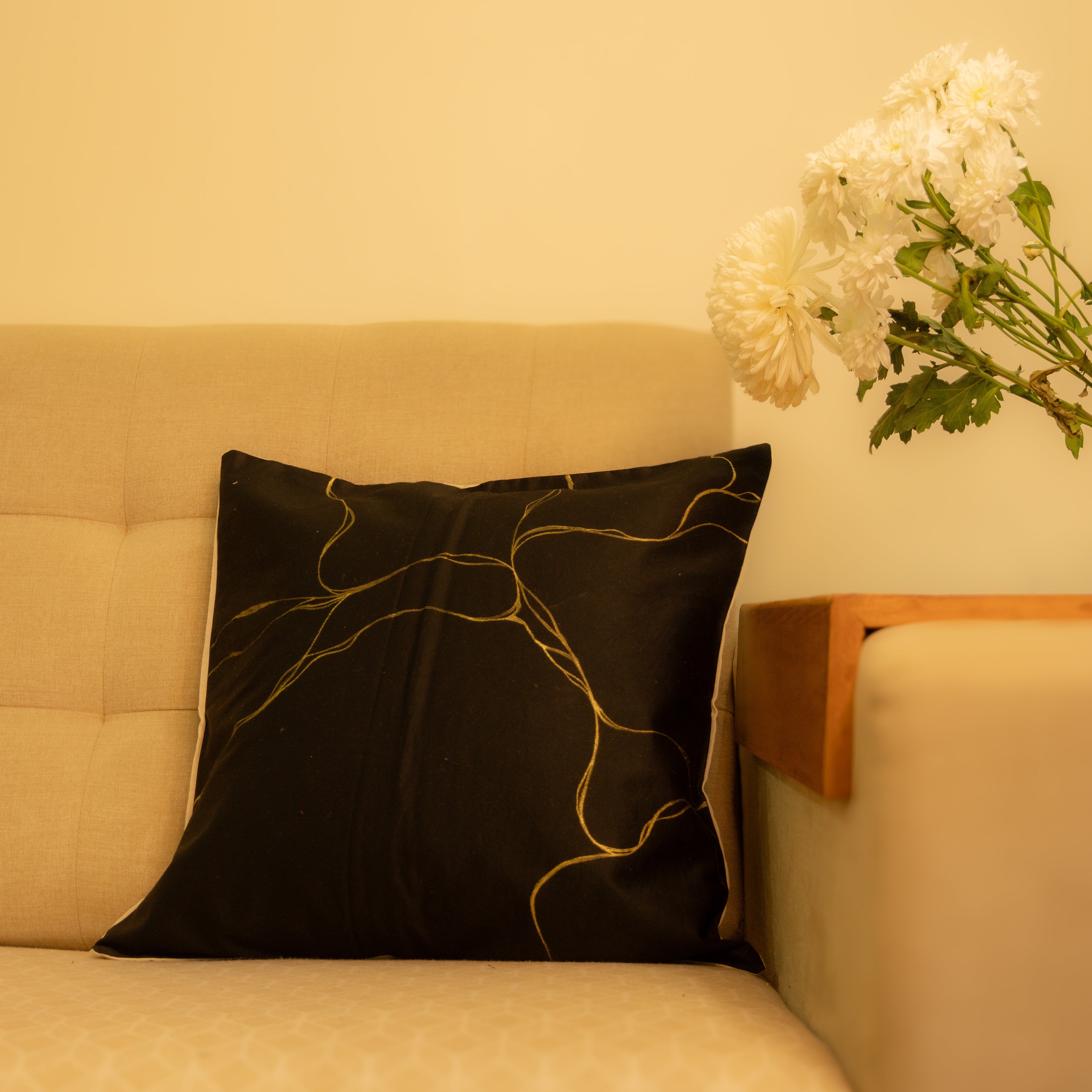 Black cotton cushion covers featuring gold abstract line detailing, stylish throw pillow covers for sofa and living room decor