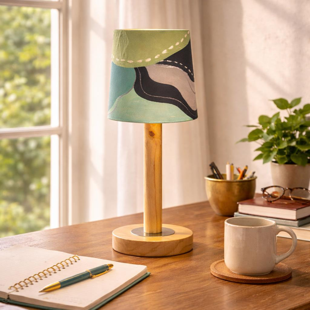 Decorative table lamp with fabric lampshade and wooden base for bedside table, study desk, or living room lighting.